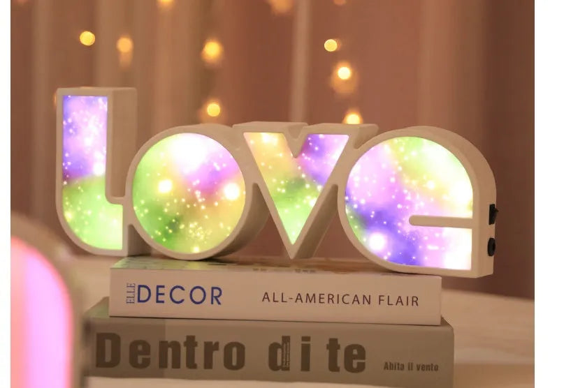 LED LOVE Light with rainbow-coloured lampshade displaying LOVE word for romantic decoration