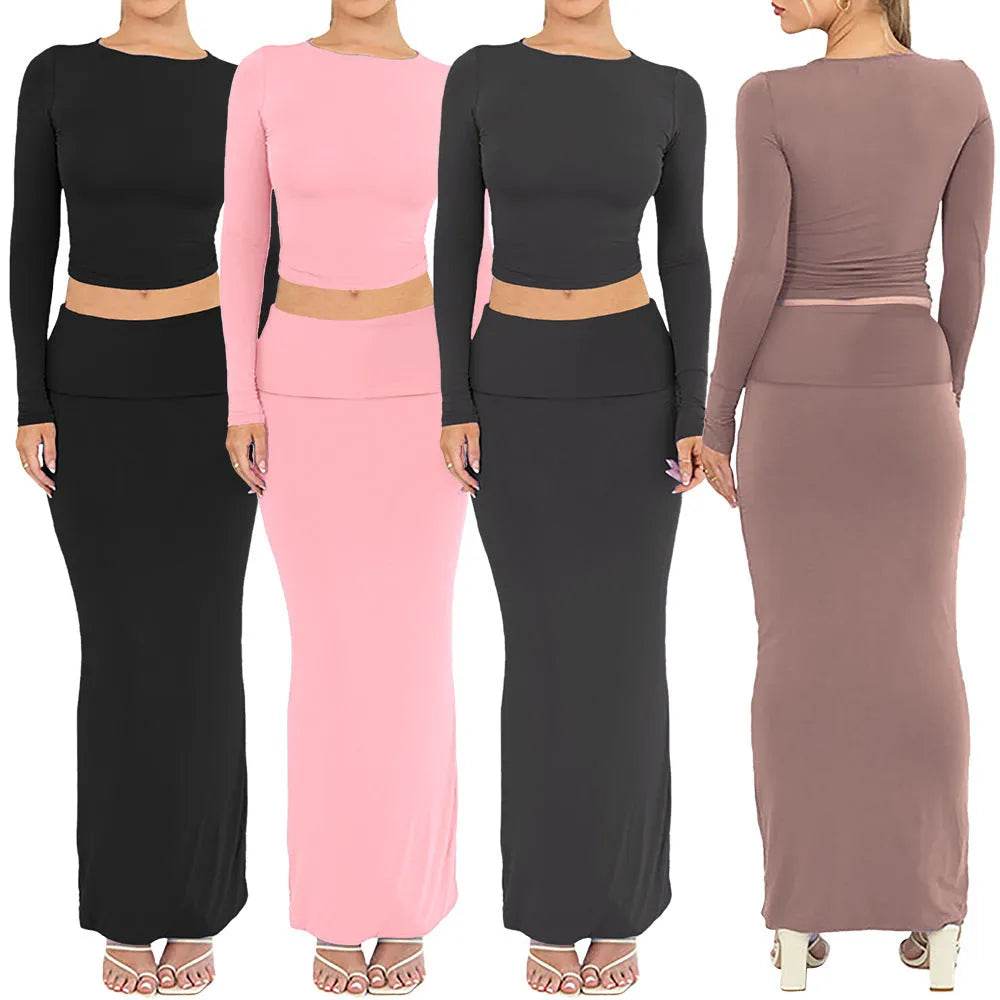 Women's autumn two-piece suit set with three-quarter sleeves and long skirt in polyester fabric