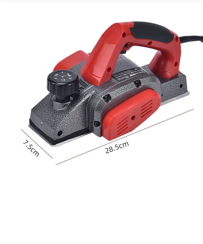 Red desktop electric wood planer with 82mm cutting width and aluminium housing