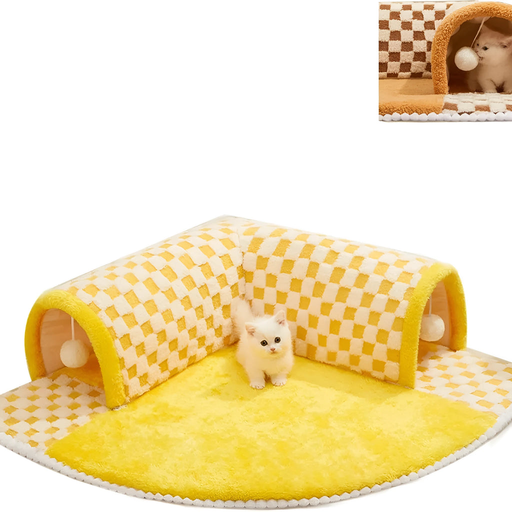Brown plush plaid cat tunnel bed with central mat, shown in an XL size for indoor cats.