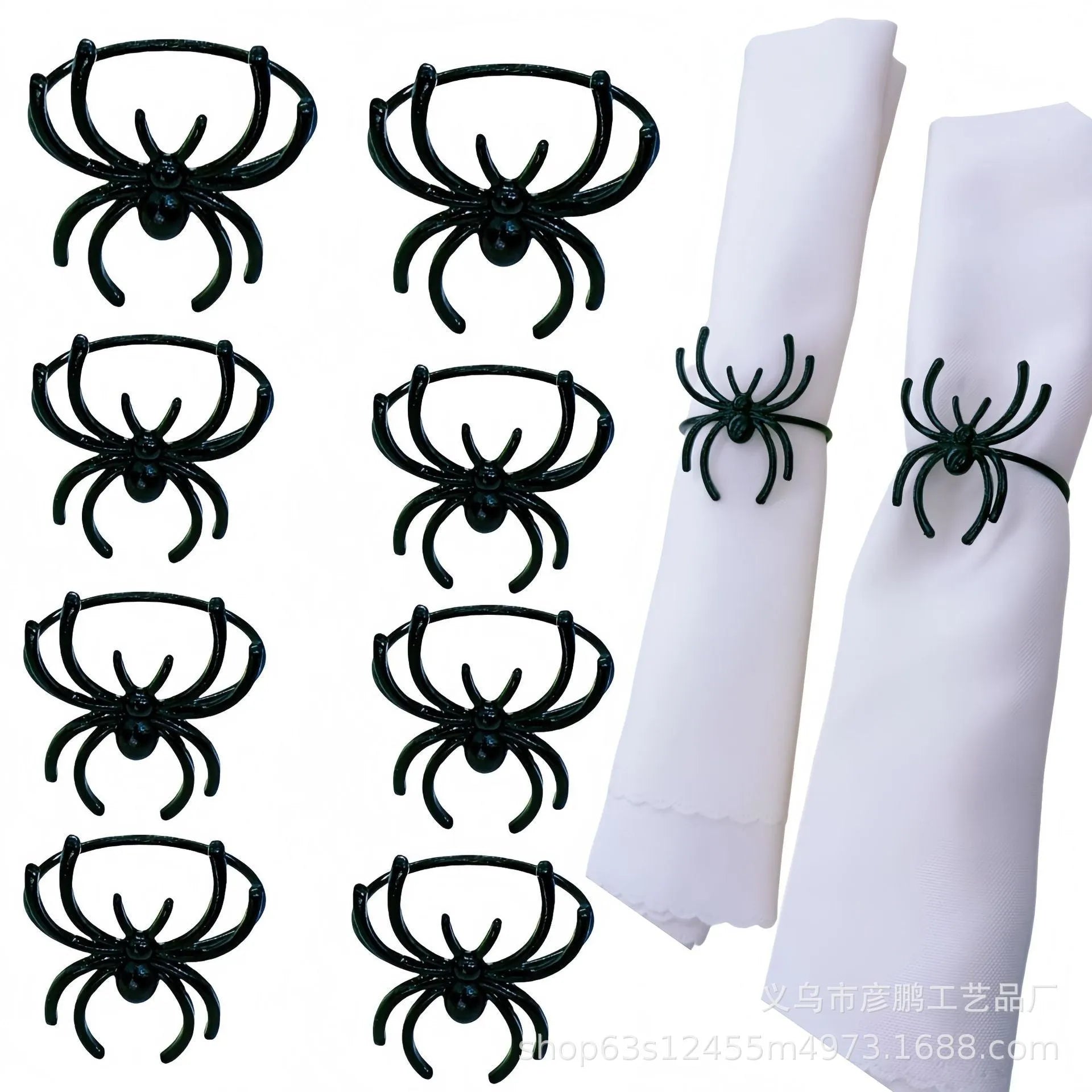 Six black alloy spider-shaped napkin rings for Halloween table settings.