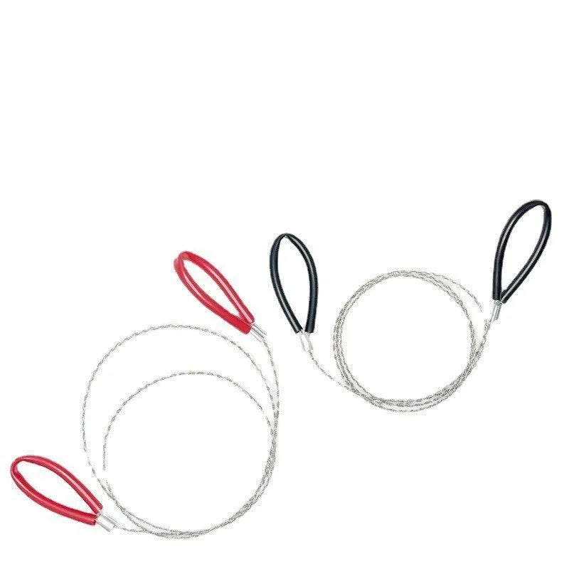 Close-up of a black coiled stainless steel wire survival saw with a total length of 70cm.