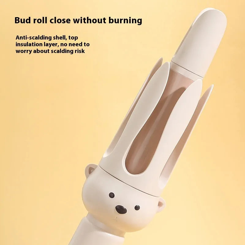 Beige anion automatic hair curler with styling stick on white background