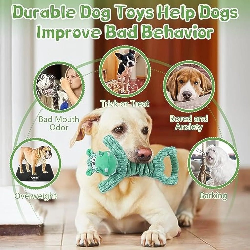 Large squeaky plush dog toy with a handle, showing hippo and monkey design options.