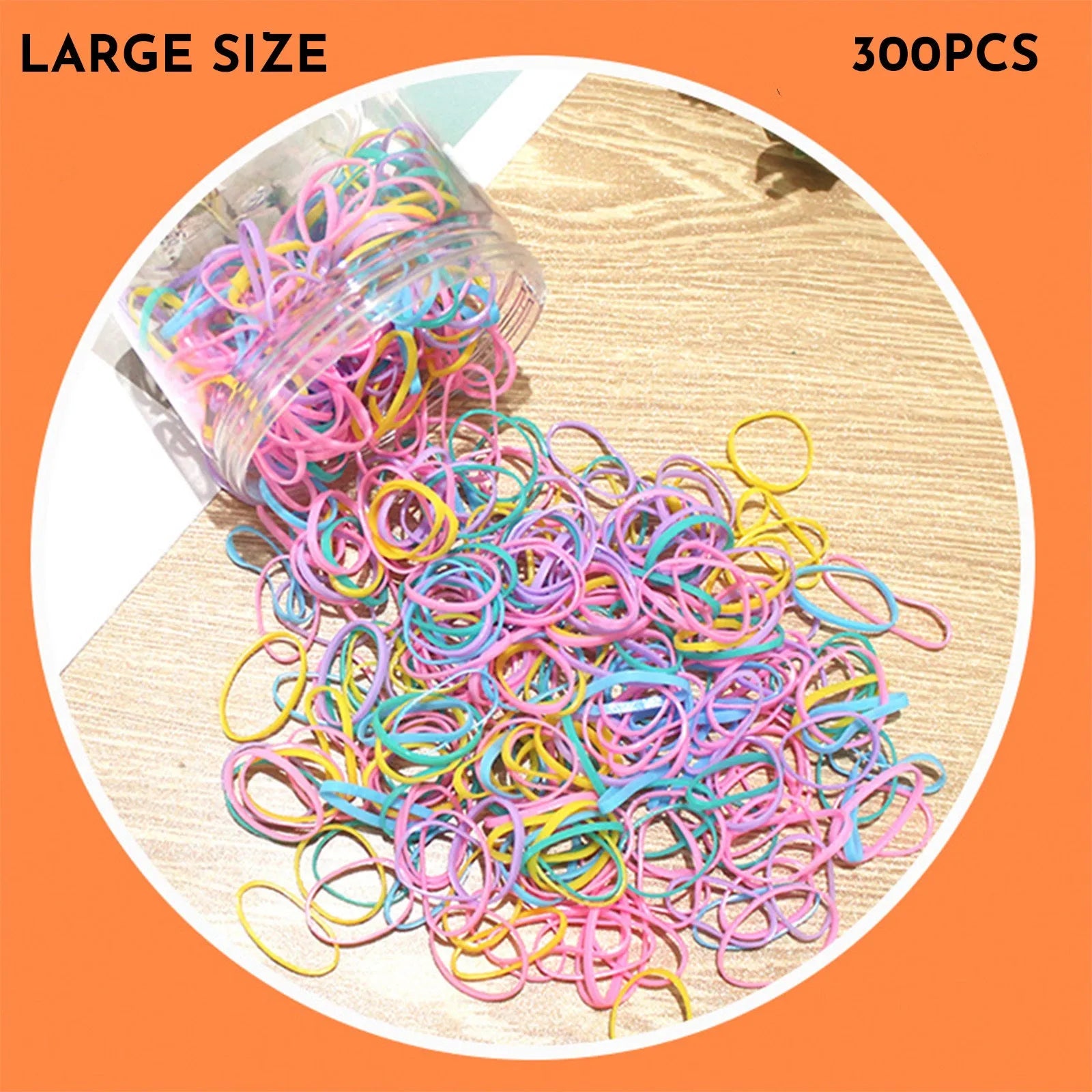 Multi-colour TPU baby hair ties in a reusable plastic storage container.