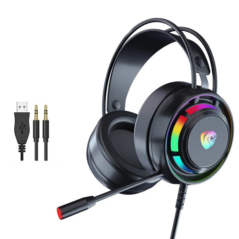 Black wired computer headphones with microphone showing 3.5mm plug and USB version options