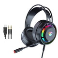 Black wired computer headphones with microphone showing 3.5mm plug and USB version options
