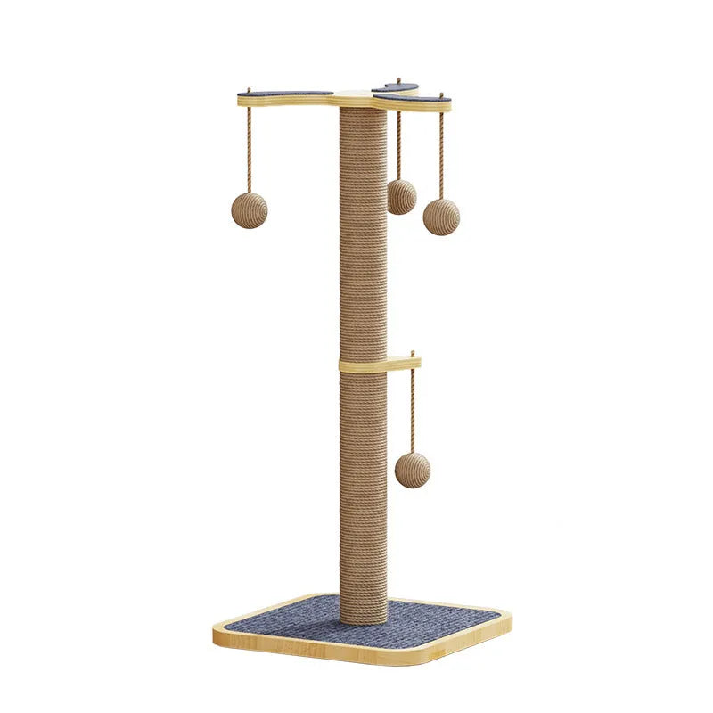 Cat climbing frame with hanging ball toy in windmill design made from pine wood with carpet leather scratching surfaces