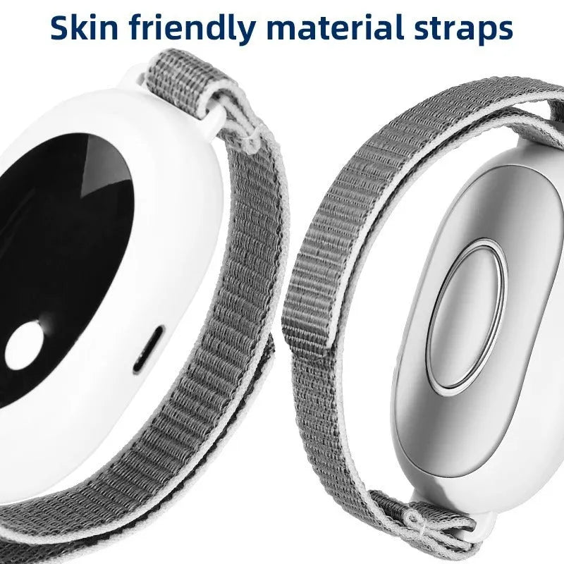 White USB rechargeable sleep aid device with wrist strap and handheld remote control