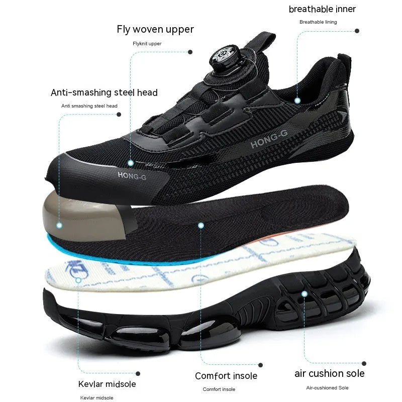 Lightweight black safety work shoes with laces and a steel toe cap on a grey background.