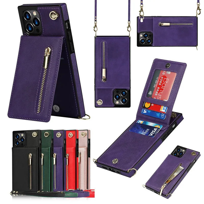 Black leather and TPU protective case fitted on a smartphone, showing precise cutouts for camera and ports.