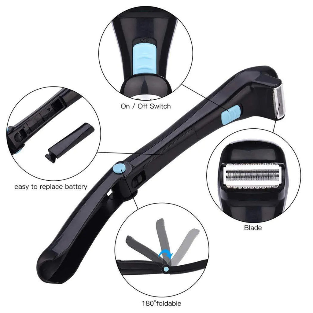 Black folding handle electric body shaver on a white background.