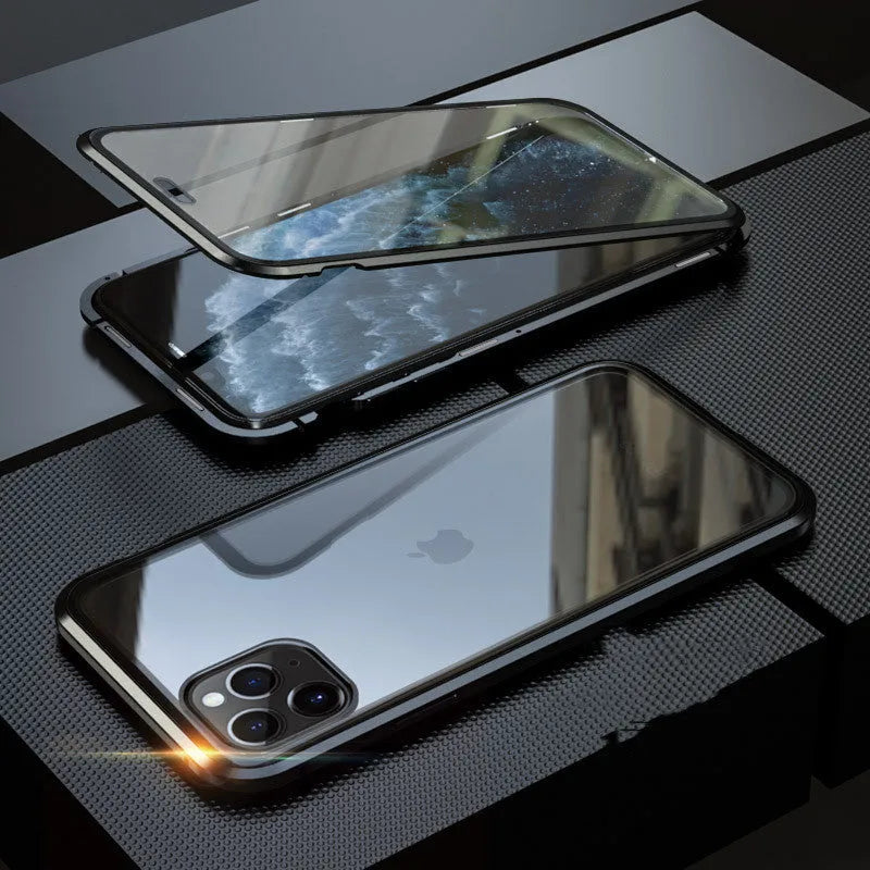 Geometric design aluminium clamshell phone case for iPhone with RFID blocking glass front in six colour options.