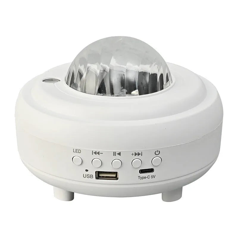White galaxy star projector night light projecting starry sky patterns with Bluetooth speaker