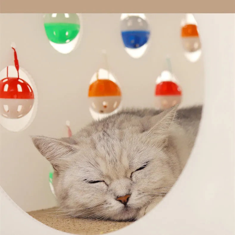 Plastic house cat scratch board with integrated bell ball and tunnel for feline scratching and play