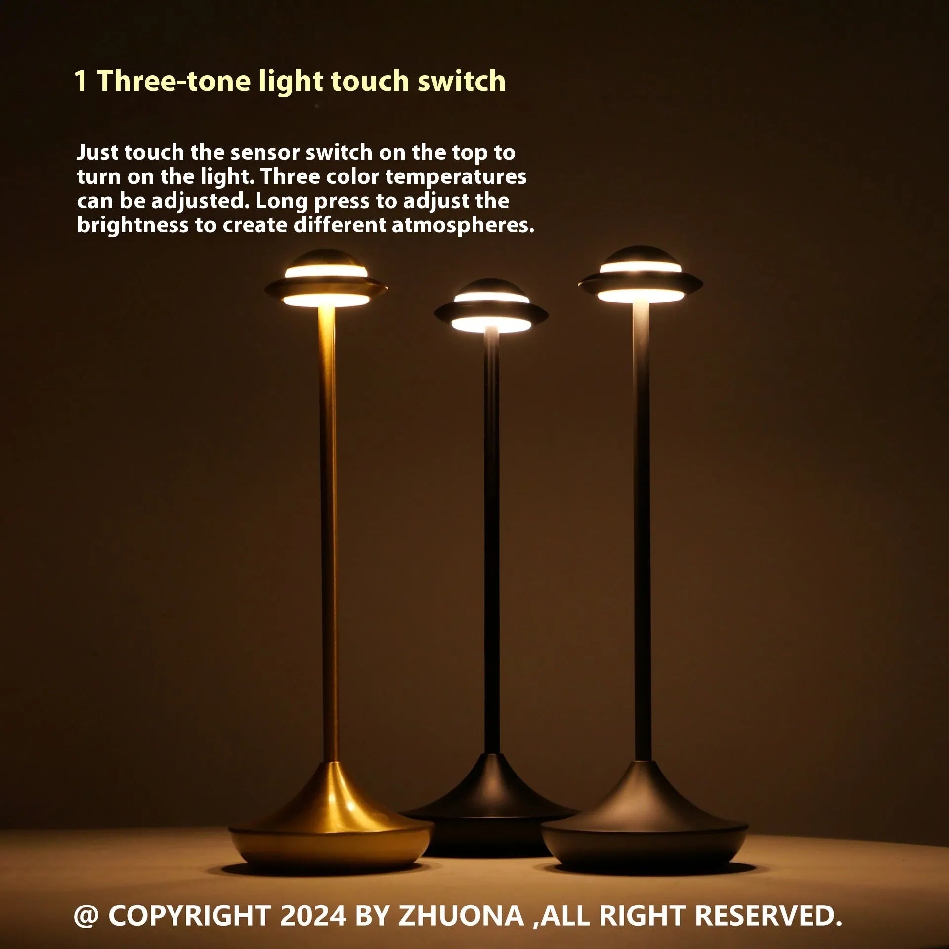 Modern creative UFO-shaped metal desk lamp with touch controls in black, gold, or grey finish.