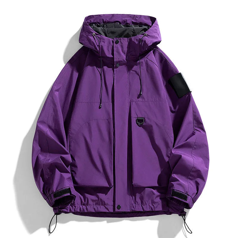 Men's hooded windproof waterproof jacket in black, ginger yellow, or purple, regular length with long sleeves.
