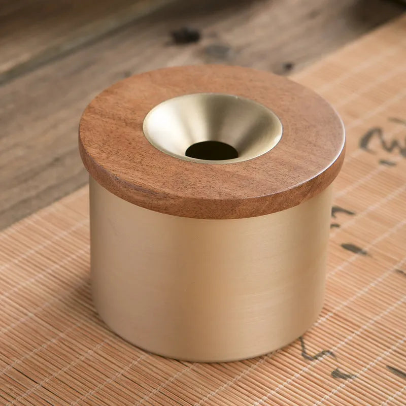 Brass retro ashtray with wooden lid featuring centre hole, made from solid copper for living room use