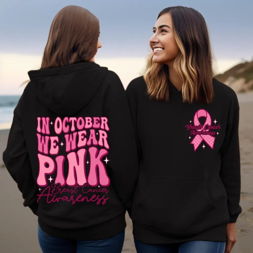 Breast Cancer Awareness pink ribbon retro print hoodie with side pocket