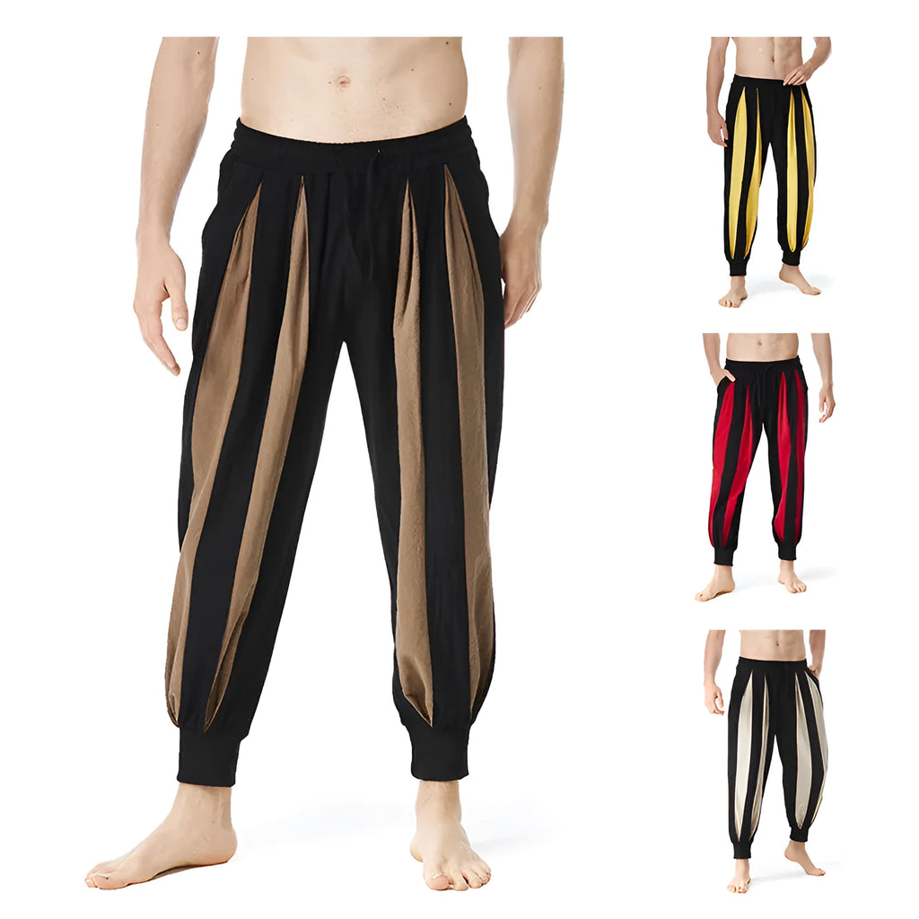 Men's straight-leg casual trousers in red, khaki, yellow, and brown colours on a size chart background.