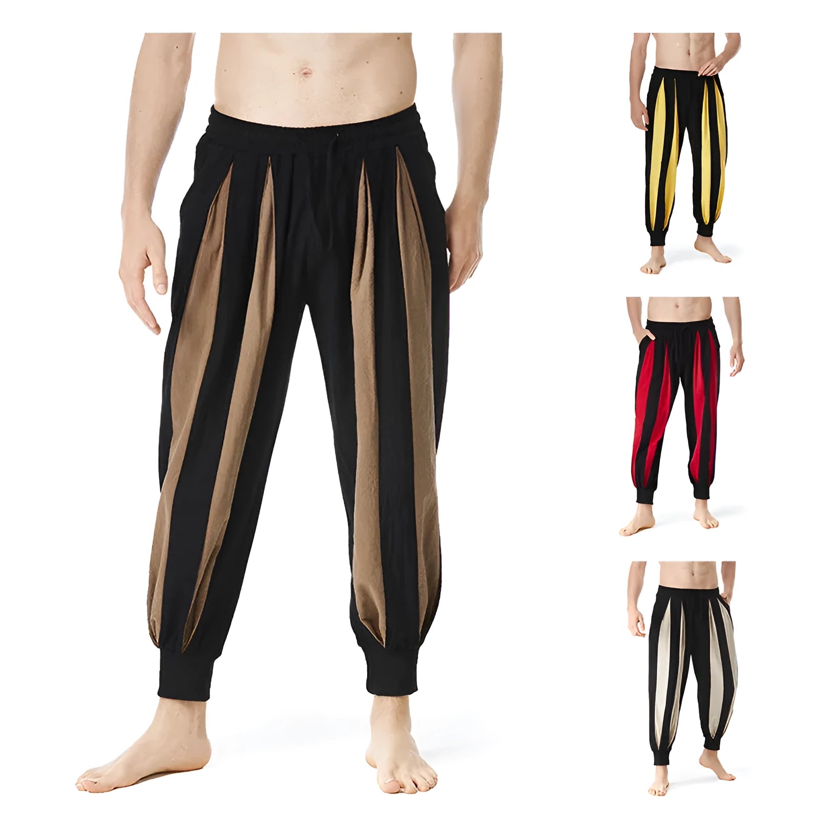 Men's straight-leg casual trousers in red, khaki, yellow, and brown colours on a size chart background.