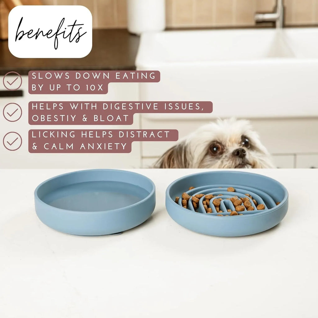 Silicone slow feeder dog bowl with textured ridges, shown in a choice of colours.