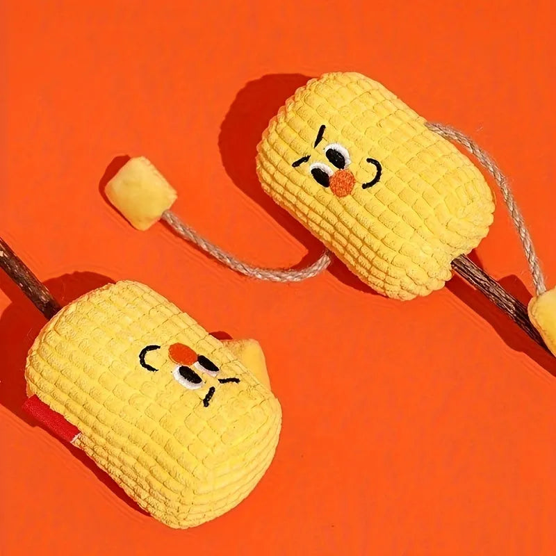 Corn cob shaped cat chew toy made from natural polio wood with catnip, measuring 7cm by 6cm by 15cm.