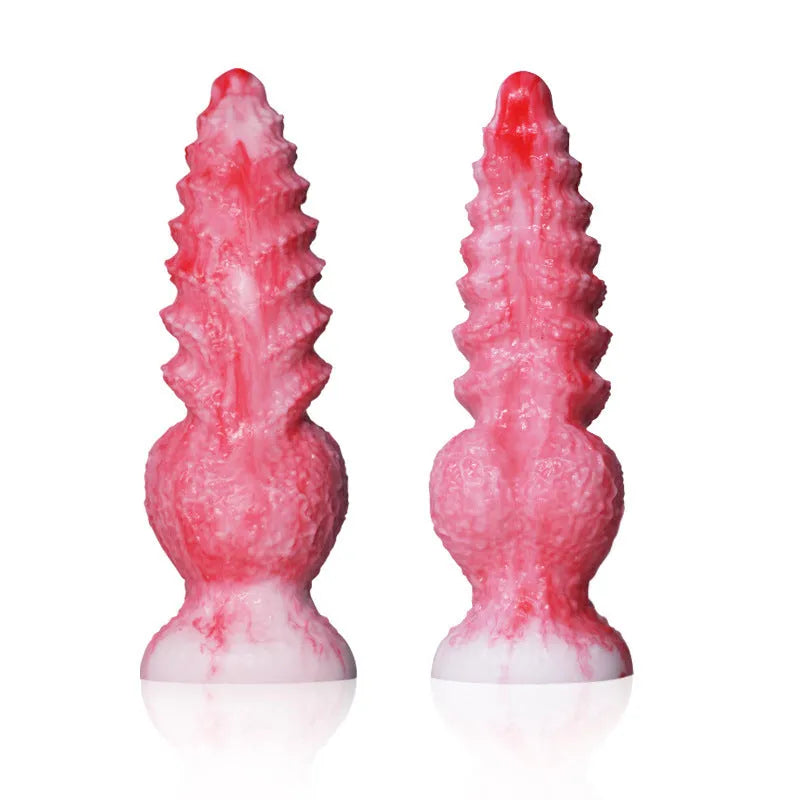 Pink platinum silicone penis-shaped masturbation toy on a neutral background