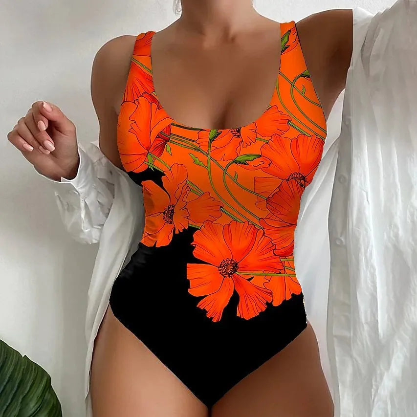 Women's 3D printed one-piece swimsuit in Lycra blend fabric available in orange red, sky blue and purple colours