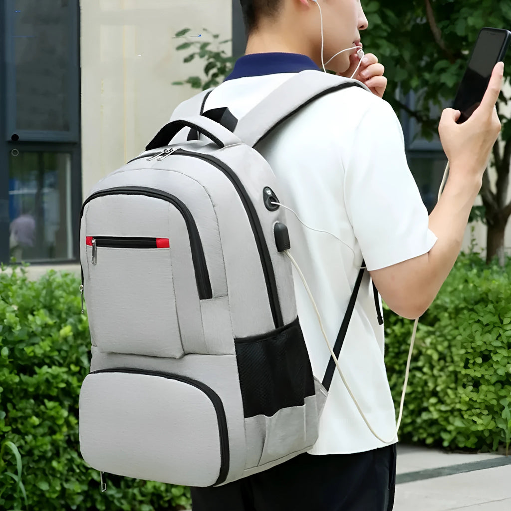 Large insulated Oxford cloth picnic backpack with curved straps, shown in light grey colour.