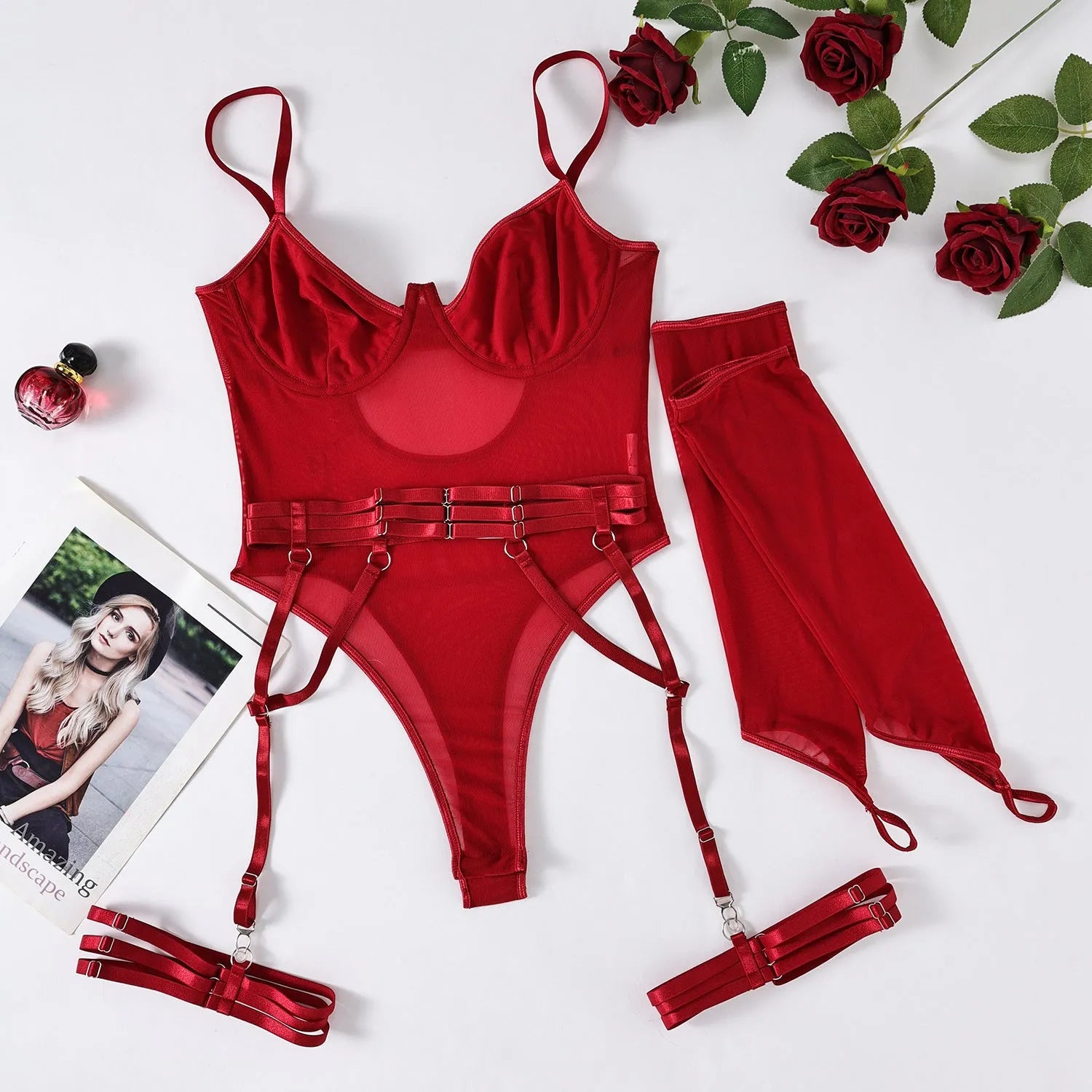 Women's transparent mesh jumpsuit body stocking in polyester available in seven colours