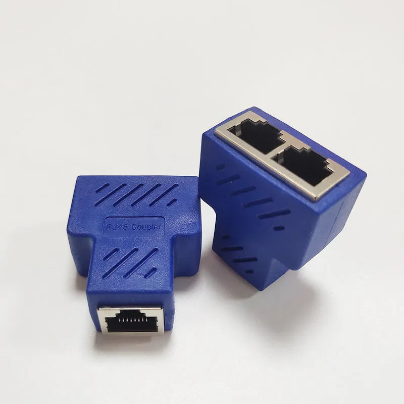 RJ45 three-way network cable splitter adapter in five colour choices.