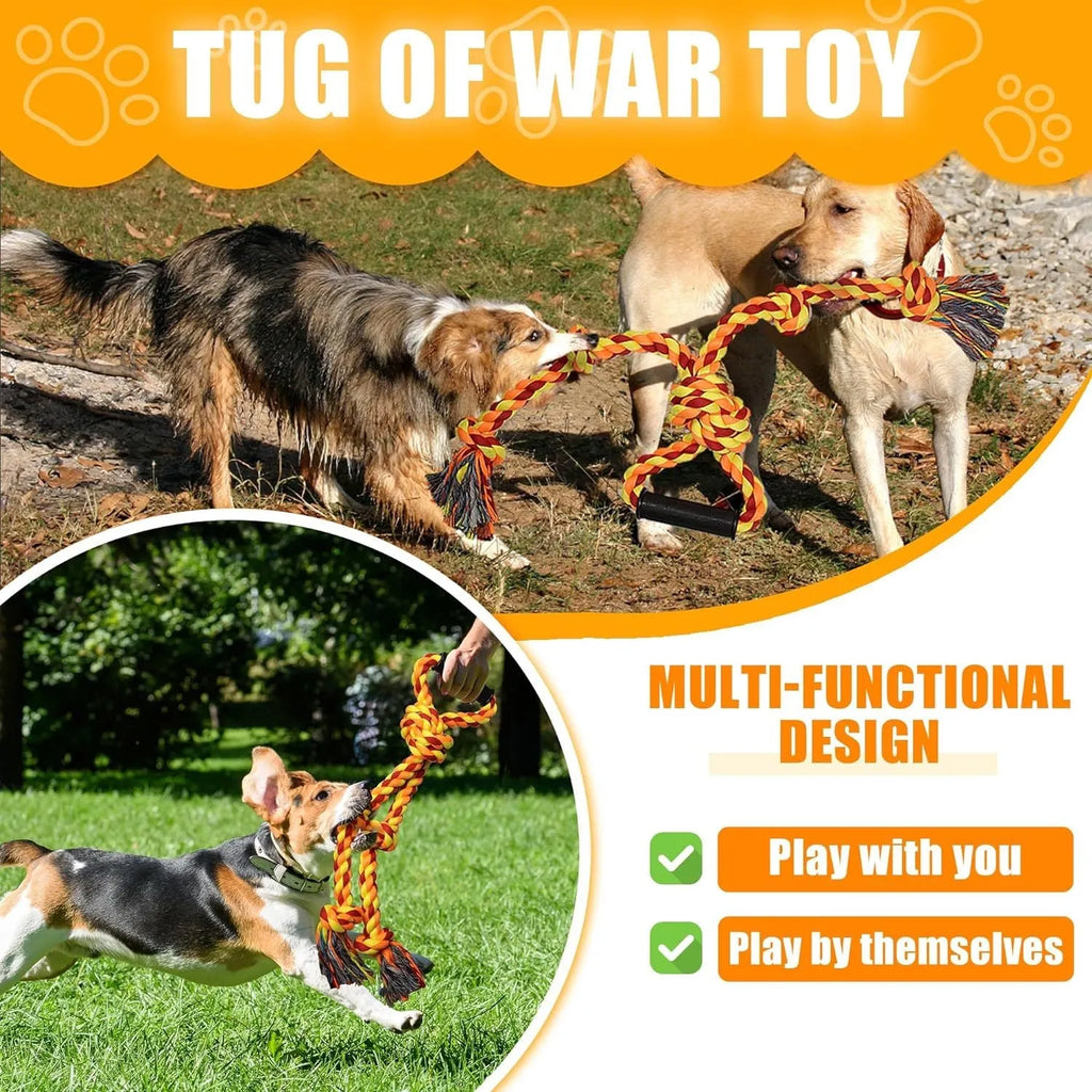 Blue and yellow 62cm long cotton rope dog toy with a handle for tug of war.