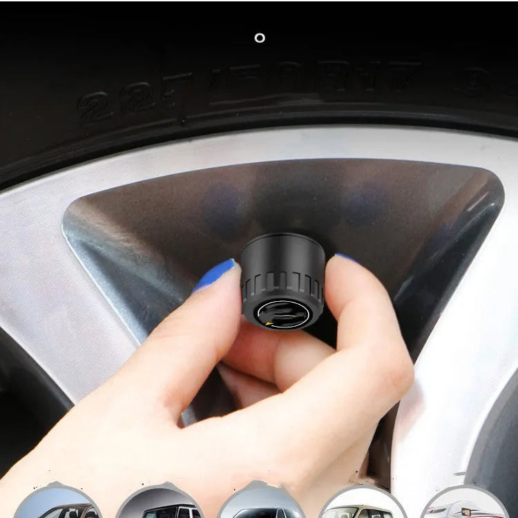 Bluetooth 5.0 automotive tire pressure monitor with four external sensors, wrench, and anti-theft screws