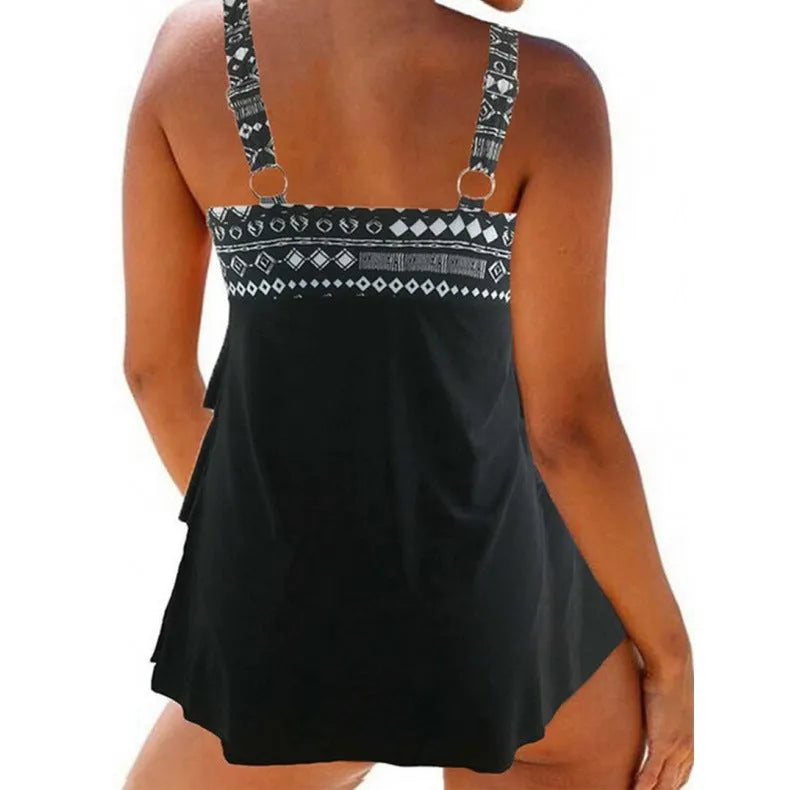 Women's plus-sized split swimsuit with double shoulder straps and a bow detail, shown in picture colour.