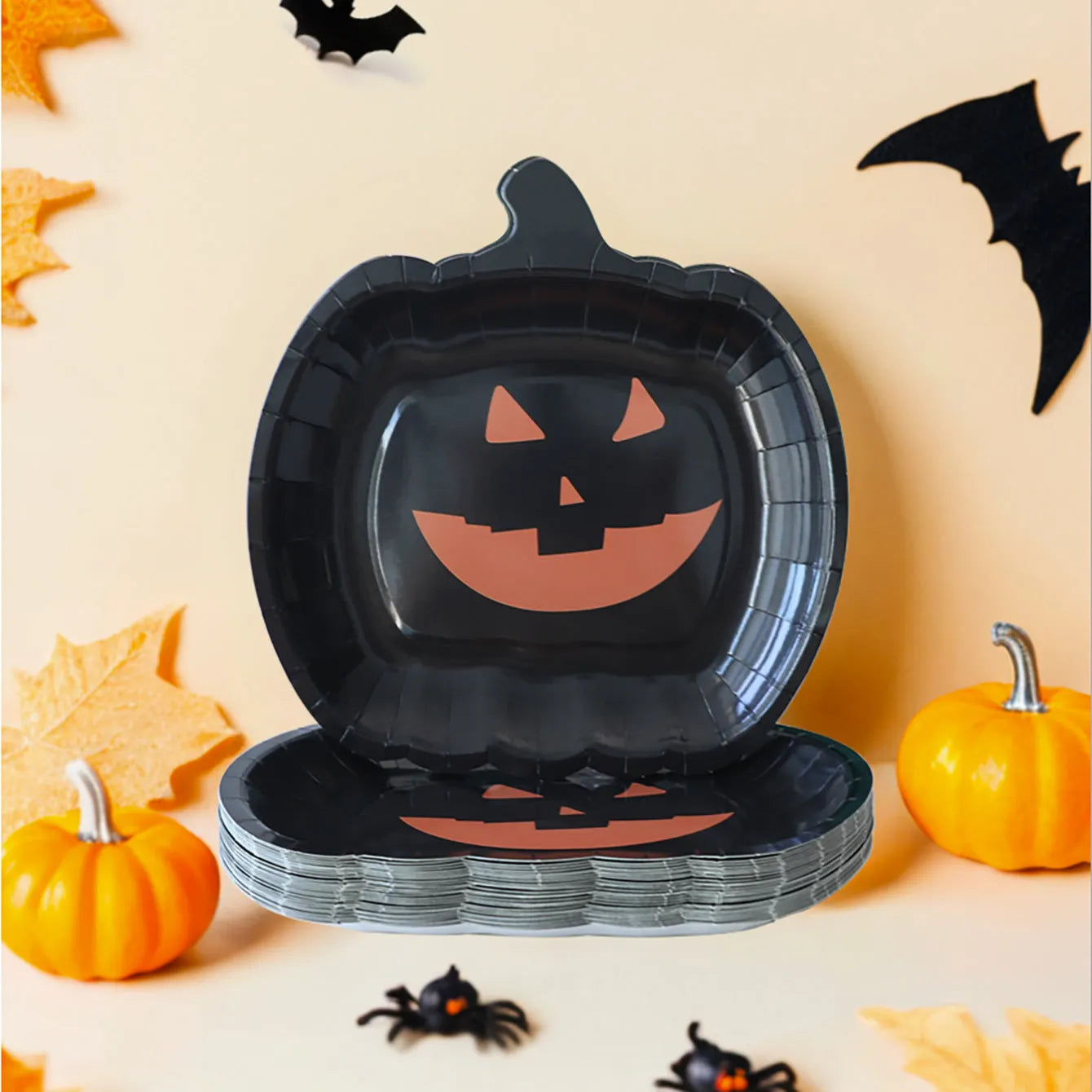 Black Halloween pumpkin design on 9-inch disposable paper plate