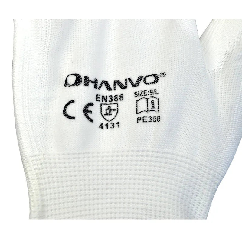 White PU coated labour gloves with 24 cm length shown in large and medium sizes