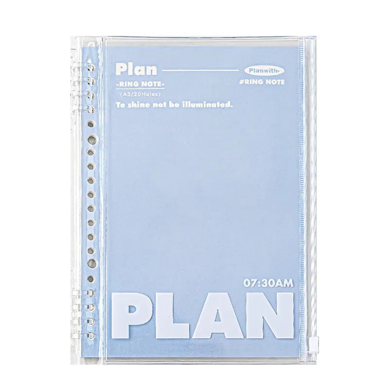 A5 spiral notebook with transparent PVC cover in blue, showing loose pages inside, next to a white version.