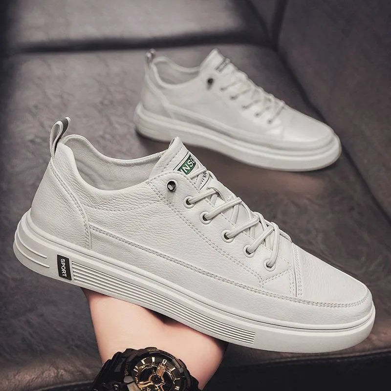 Men's white casual PU shoes with low flat heel and round toe on a plain background