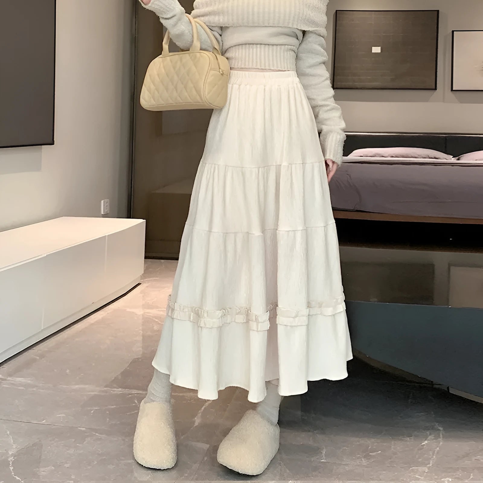 Corduroy A-line midi skirt with elastic waistband in milk white, black or brown colours