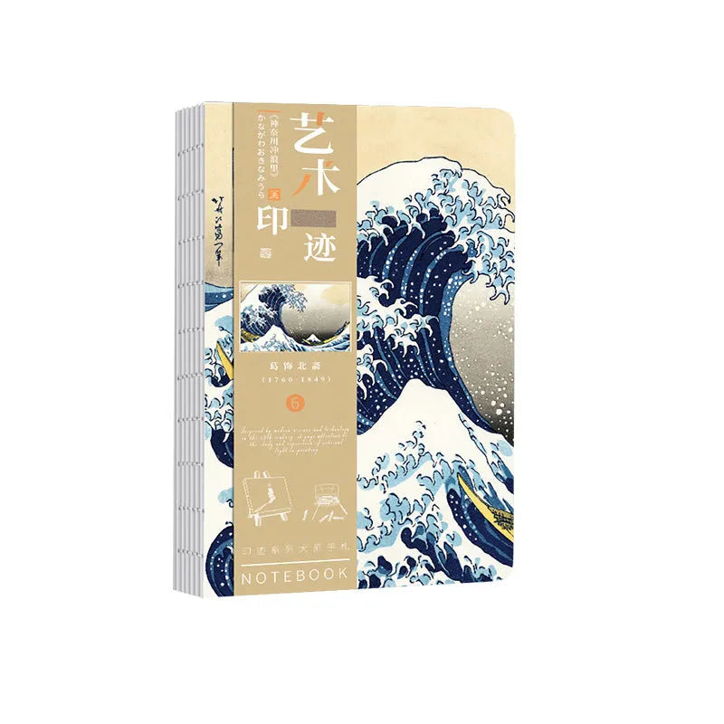 Ukiyo-e series hand ledger notebook showing retro Japanese art cover, open to reveal Daolin paper pages