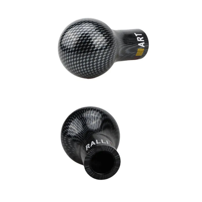 Manual automatic five-gear car gear head shifter in white, black, blue, red, and carbon fibre finishes.