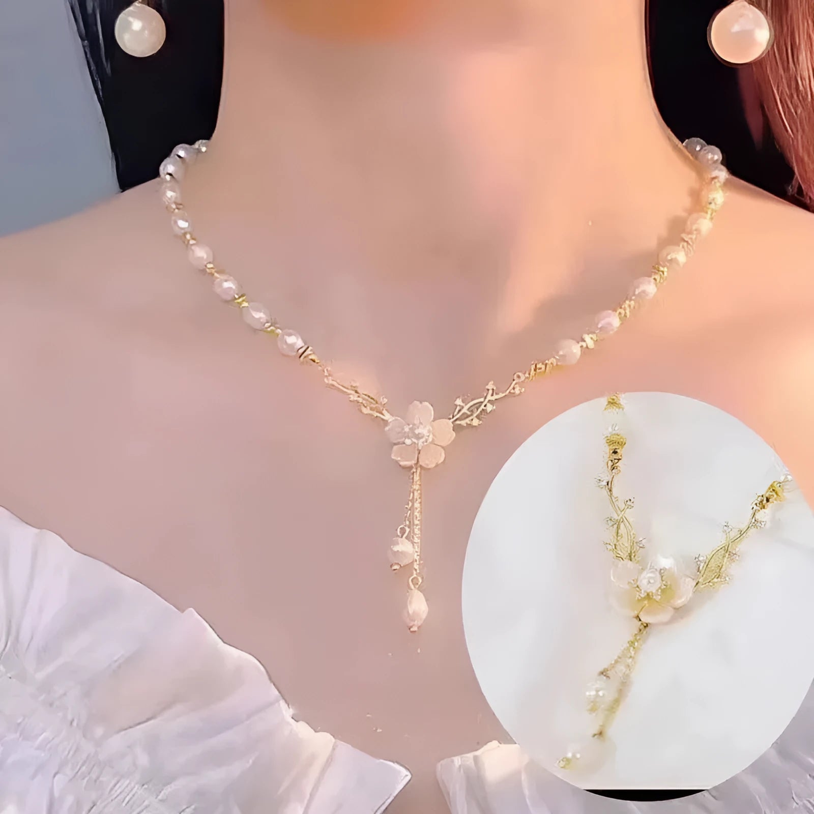 Alloy chain necklace with pearl flower pendant and rose floral design elements