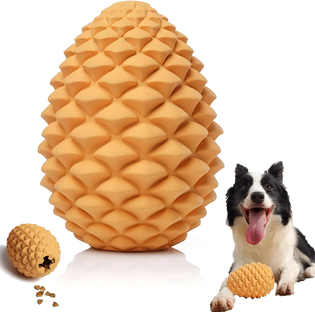 Yellow pine cone shaped natural rubber dog chew toy with treat dispenser hole, for medium and large breed dogs.
