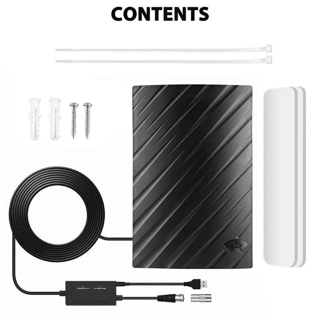 Black plastic HD digital television antenna with mounting hardware including expansion tubes, screws, cable ties, and adhesive tape