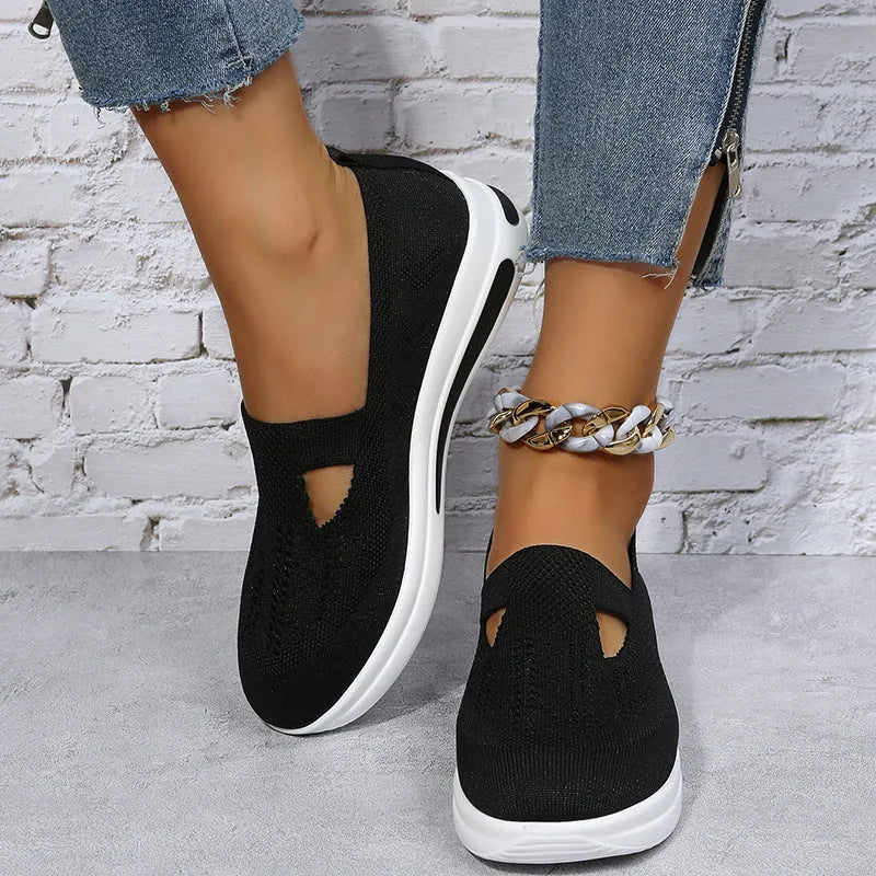 Flat platform wedge casual sneakers with car stitching mesh upper in solid colour black blue pink