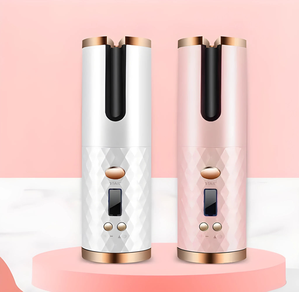Portable wireless USB charging mini curling iron in white colour with gold ceramic barrel