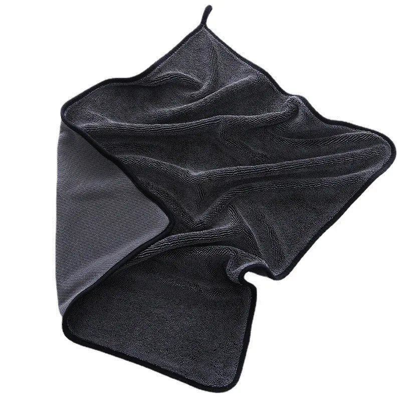 Grey automobile cleaning cloth with spiral hair surface and hemmed edges in multiple size options