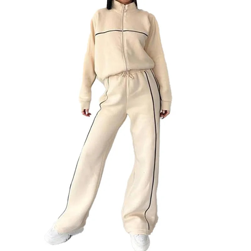 Casual polyester suit with zip hoodie and striped lace-up trousers in apricot colour.