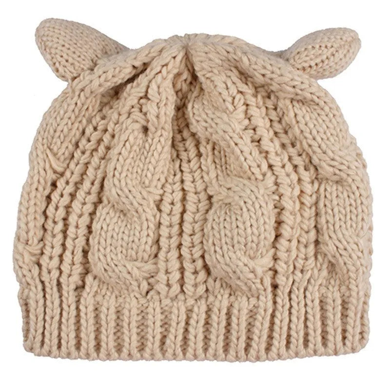 Hand-made 3D cat ear knitted beanie in multiple colours showing wool texture and ear design